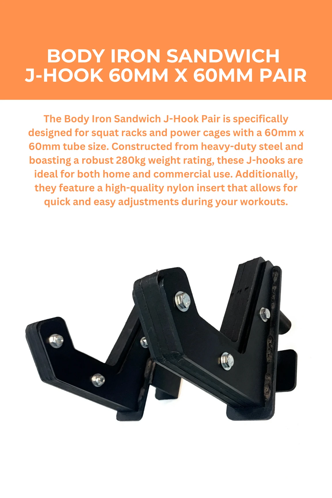 Body Iron Sandwich J-Hook 60mm X 60mm Pair 4 Body Iron Sandwich J-Hook 60mm X 60mm Pair - Image 2